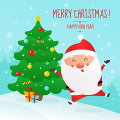 Christmas and Happy New Year vector illustration. Cute Santa Claus and Christmas tree.