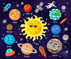 Vector illustration of space, universe. Cute cartoon planets, asteroids, comet, rockets.