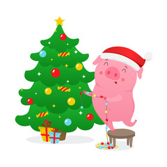 Cute cartoon pig decorates Christmas Tree . Symbol of 2019 new year. Vector illustration.