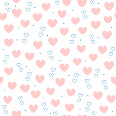 Cute seamless pattern with repeating hearts. Endless romantic print. White, pink, blue.