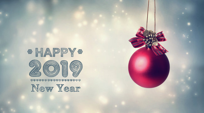 Happy New Year 2019 message with a hanging bauble ornament