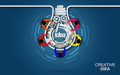 Business meeting in the form of light bulb gear icon concept. Businessmen help to brainstorm modern idea. teamwork. project management, financial report and strategy. to achieve and success. cartoon