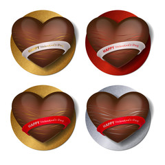 Chocolate heart with decor, strips and ribbon with lettering Happy Valentines Day on stand. Candies and sweets heart