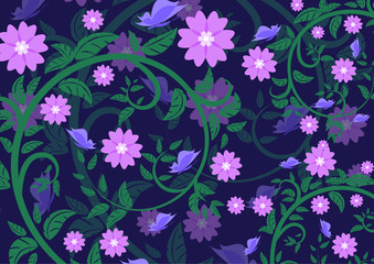 Bright floral ornament with butterflies on a dark background .Vector illustration.