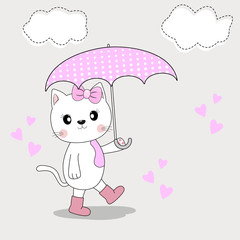 Cute cat in the autumn season in boots and with an umbrella goes.
