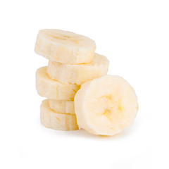 Stack pile of banana slices isolated on the white background