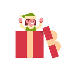 girl elf santa claus helper in gift box present merry christmas holiday happy new year concept female cartoon character full length flat vector illustration