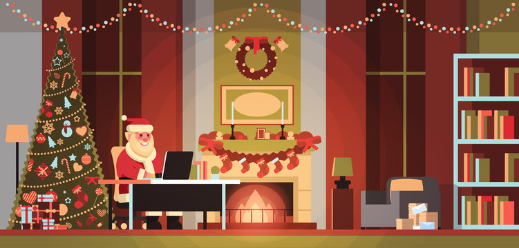 santa claus in living room decorated for christmas new year holiday using laptop pine tree fireplace home interior concept flat horizontal vector illustration