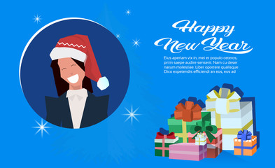 brunette woman face avatar red hat happy new year merry christmas concept present gift box decoration flat female portrait horizontal copy space vector illustration