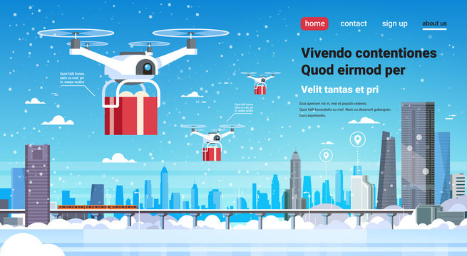 quadcopter drone gift box present delivery service happy new year merry christmas concept monorail cityscape background flat horizontal copy space vector illustration