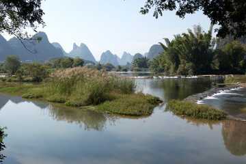 Karst mountains and limestone peaks of Yulong River, Yangshuo, Guilin, China,