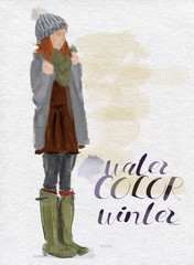 Watercolor Portrait of a Young Modern Girl. Woman in Winter Fashion Clothes with Green Gum Boots