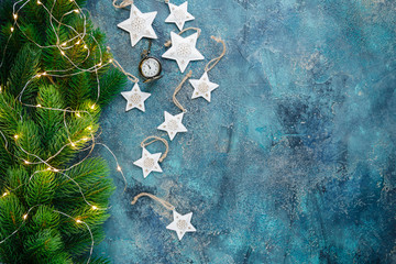 Christmas decoration on blue background.