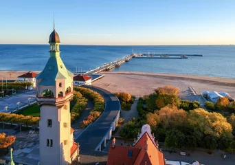 Wall murals The Baltic, Sopot, Poland Sopot lighthouse with see bridge - aerial landscape
