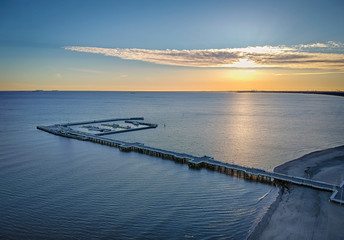 Aerial sunrise over Sopot pedestrian pier