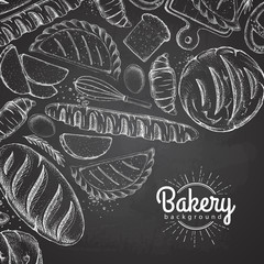 Chalk drawing Bakery background. Top view of bakery products