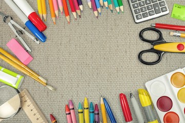 School and office tools. View from above. Isolated on white