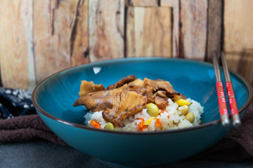 Asian style caramel pork with rice and vegetable