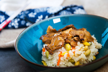 Asian style caramel pork with rice and vegetable