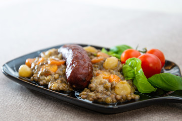 Traditional homemade Sausages with beans soup
