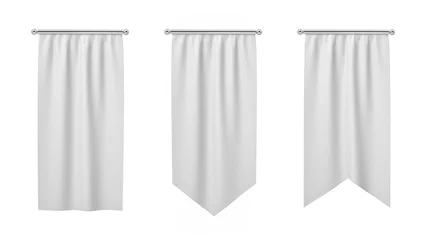 Fotobehang 3d rendering of three rectangular white flags hanging vertically on a white background. © gearstd
