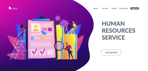 Recruiters and managers searching for candidate in huge CV for position. Recruitment agency, human resources service, recruitment network concept. Website vibrant violet landing web page template.