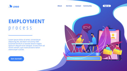 HR specialist having an interview with job applicant and candiadates waiting. Job interview, employment process, choosing a candidate concept. Website vibrant violet landing web page template.