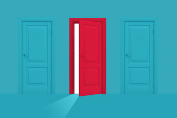 3d rendering of red semi-opened door stands between two closed blue ones on a blue background.