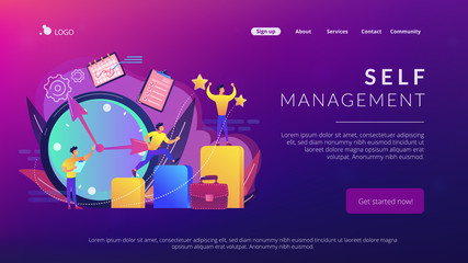 Businessman trying to accomplish tasks and goals on time and big clock and computer. Time management, effective time spending, time planning concept. Website vibrant violet landing web page template.