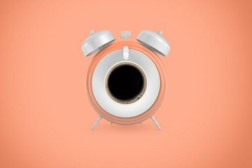 3d rendering of large retro alarm clock with a cup of coffee in place of its face on a peach-colored background.