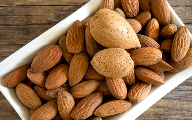 almonds peeled on table