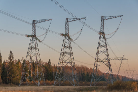 high-voltage power lines in the forest among the trees