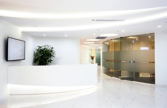 Corporate reception desk for large companies, architectural space photography