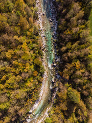 Colorful forest in Soca river valley,aerial drone view