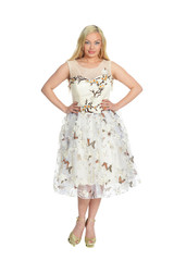 Portrait of beautiful woman in dress posing isolated