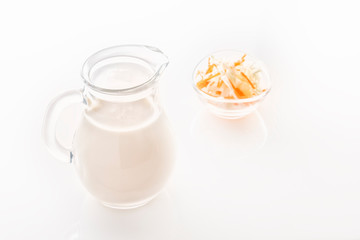 Obraz na płótnie Canvas Glass jug with milk on a white background. Close-up. Copy space
