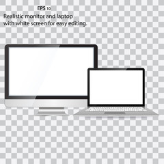 Mockup set of realistic monitor, laptop. Realistic monitor and white screen laptop for easy editing