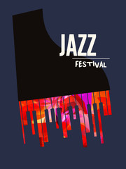 Obraz premium Jazz music festival poster with piano flat vector illustration. Music background with music instrument, music festival poster, live concert events, party flyer, brochure, promotion banner