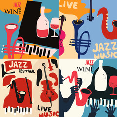 Fototapeta premium Set of music cards and banners. Music cards with instruments flat vector illustration design. Jazz music festival banners. Colorful jazz concert posters, party flyers, wine tasting events brochures
