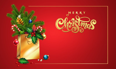 Gold Vector lettering text Merry Christmas. 3d Shopping bag, spruce, fir branches, xmas decorations, balls, holly leaves