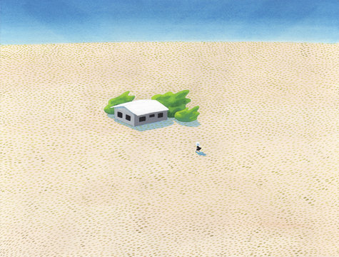 Girl walking towards house in desert