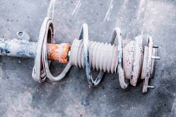 A closeup of a stand of an old car shock absorber.