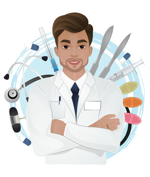 Attractive male doctor in white gown on medical objects background