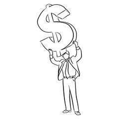 businessman holding big dollar sign over his head vector illustration sketch doodle hand drawn with black lines isolated on white background
