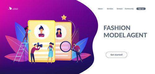 Fototapeta premium Modeling agency manager and photographer take photos of model for portfolio. Modeling agency, fashion model agent, modeling company services concept. Website vibrant violet landing web page template.