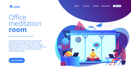 Business people working at laptops in office with meditation and relax area. Office meditation room, meditation pod, office relaxing place concept. Website vibrant violet landing web page template.