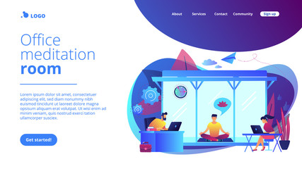 Fototapeta premium Business people working at laptops in office with meditation and relax area. Office meditation room, meditation pod, office relaxing place concept. Website vibrant violet landing web page template.