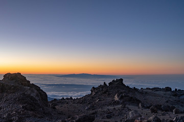 Sun is rising over Canary Islands, seen  from near the summit of Teide Mountain, Tenerife, Canary Islands, Spain