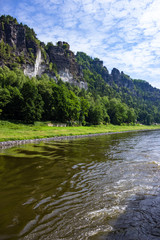 Beautiful view on sandstone mountains from river Elbe in Saxony, Germany