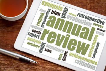 annual review word cloud on tablet
